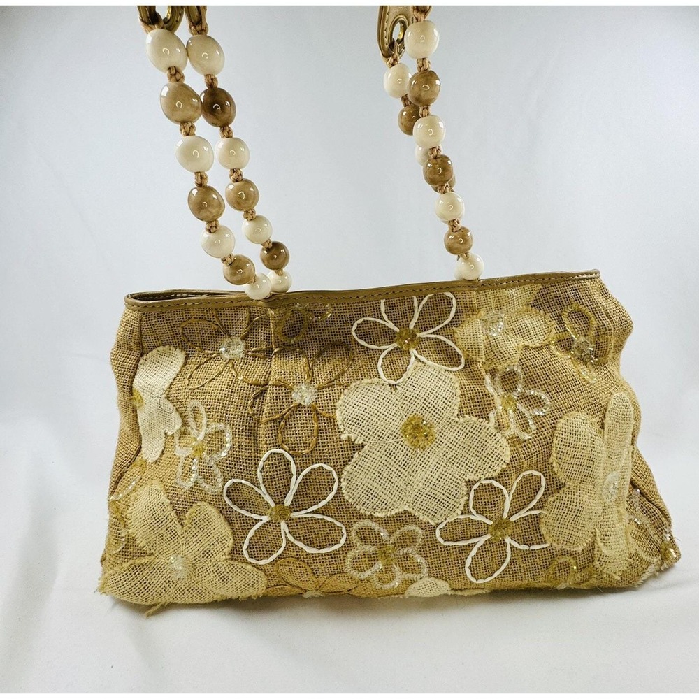 Kanishka Jute Burlap Floral Embroidered Beaded Shoulder Bag Tan Boho Cottagecore